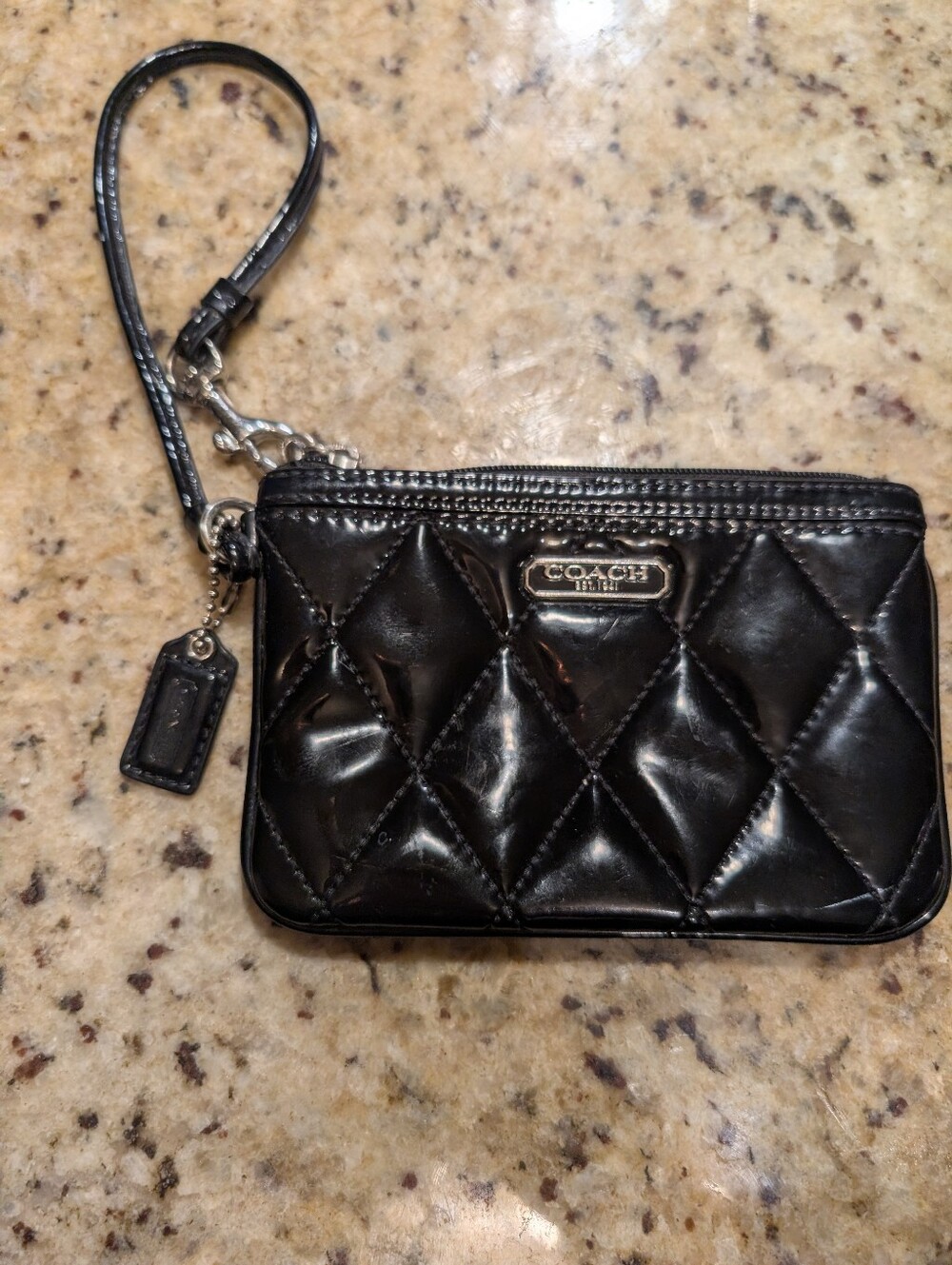Coach Black Diamond Quilted Patent Leather Wristlet Silver Plaque